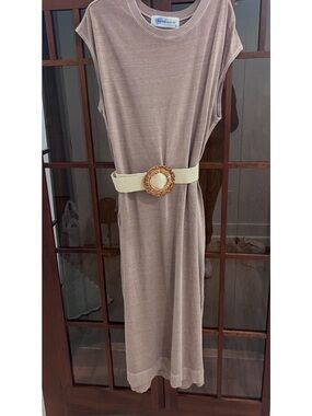 Sleeveless Taupe Midi T-shirt Knit Dress with rattan Belt! Size Large